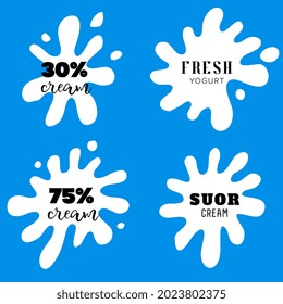 Milk Splash labels. Milk, yogurt or cream splash blot vector emblem set. Drink element, splashing template illustration