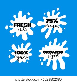 Milk Splash labels. Milk, yogurt or cream splash blot vector emblem set. Drink element, splashing template illustration