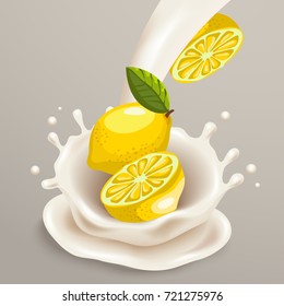 Milk Splash with Lemon : Vector Illustration