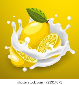 Milk Splash with Lemon : Vector Illustration