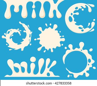 Milk splash letter and blot set. Yogurt splashing vector label. Cream word and pouring illustration. Dairy product. Font. Milky word. Logo or packing design