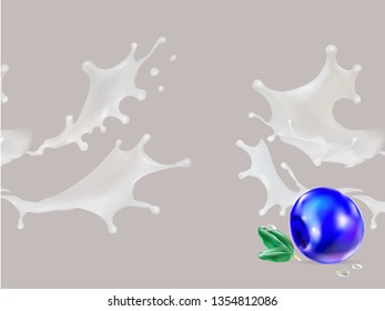 milk splash liquid drop and blueberry vector 3d realistic illustration