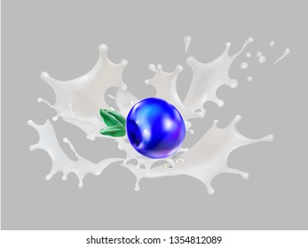 milk splash liquid drop and blueberry vector 3d realistic illustration