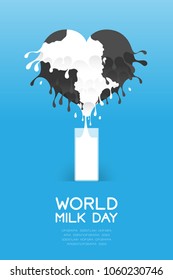 Milk splash Love Heart shape layer with cow pattern from glass, World Milk Day concept flat design illustration isolated on blue gradient background with copy space, vector eps 10
