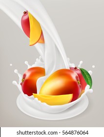 Milk splash and mango, 3d vector object. Natural dairy products
