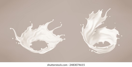 Salpicadura de leche. Producto lácteo natural, yogur o crema con gotas voladoras. Ilustración vectorial realista