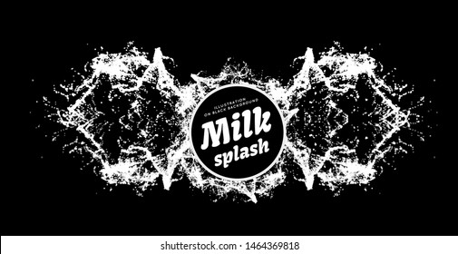 Milk splash on black background. Milk spray scattering in all directions. Whey protein. Vector illustration on black background