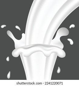 Milk Splash. Milk splash  on black background. Natural dairy product, yogurt or cream in crown splash with flying drops. Realistic Vector illustration