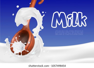 Milk splash on blue background with wooden spoon.