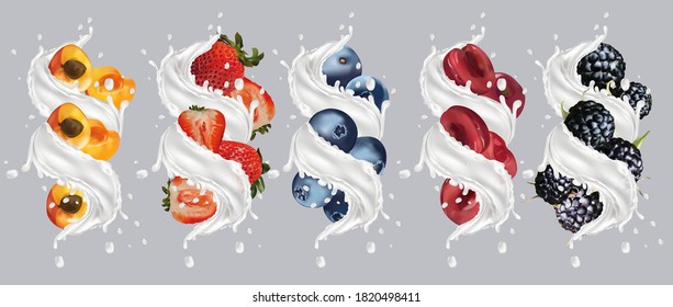 Milk splash on fruit and berry. Realistic apricot, strawberry, black raspberry, blueberry, cherry. Tasty fruit yogurt. Vector illustration.