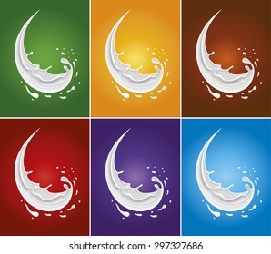 milk splash on green, yellow, brown, purple and red background