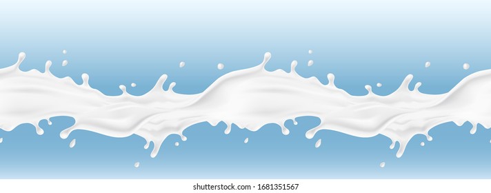 Milk splash pattern. 3d realistic yogurt or dairy cream wave border with drops. Vector milk package design.
