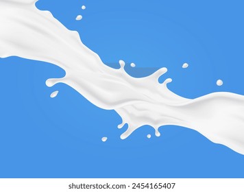 Milk splash pattern. 3d realistic white yogurt wave border on blue background. Vector milky flow package design