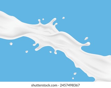 Milk splash pattern. 3d realistic white yogurt wave border on blue background. Vector milky flow package design