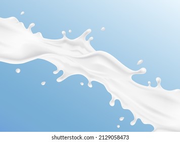 Milk splash pattern isolated on blue background. 3d realistic yogurt wave flow drink. Vector milky package design