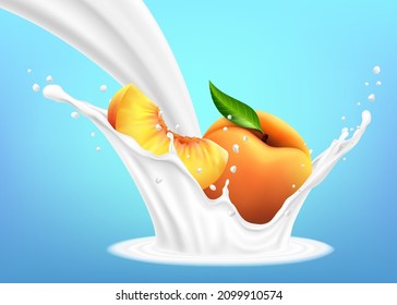 Milk splash and peach 3d vector object. Natural dairy products Peach slices falling into the milky splash. Realistic illustration.