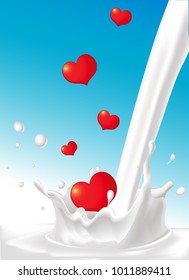 milk splash pour milk falling heart design - love vector illustration