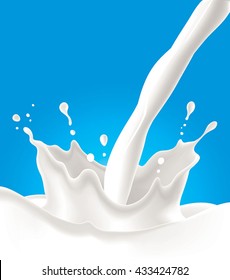 Milk Splash, with pour, vector illustration on blue background