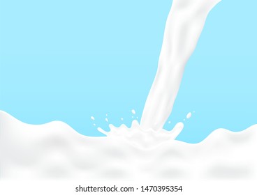 Milk splash and pouring. Liquid milk drop flows like waves. Natural dairy healthy products. Yogurt or cream. Isolated on blue background. Vector illustration.