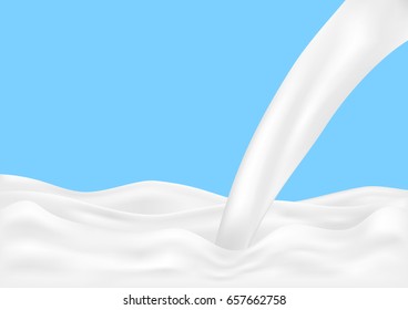 Milk splash and pouring. Liquid milk drop flows like waves. Natural dairy healthy products. Yogurt or cream. Isolated on blue background. Vector illustration.