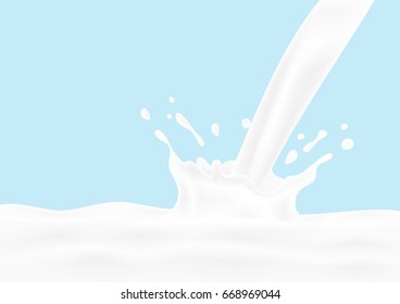 Milk splash and pouring. Liquid milk drop flows like waves. Natural dairy healthy products. Yogurt or cream. Isolated on blue background. Vector illustration.