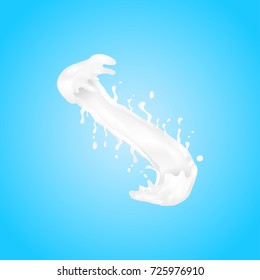 Milk splash and pouring. Liquid milk drop flows like waves. Natural dairy healthy products. Yogurt or cream. Isolated on blue background. Vector illustration.