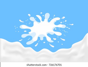 Milk splash and pouring. Liquid milk drop flows like waves. Natural dairy healthy products. Yogurt or cream. Isolated on blue background. Vector illustration.