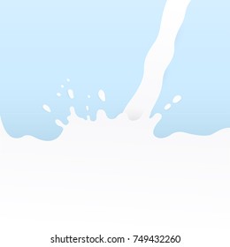 Milk splash and pouring. Liquid milk drop flows like waves. Natural dairy healthy products. Yogurt or cream. Isolated on blue background. Vector illustration.