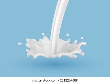 Milk splash with pouring milk on blue background. Vector realistic illustration
