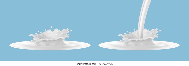 Milk splash with pouring milk on blue background. Vector realistic illustration