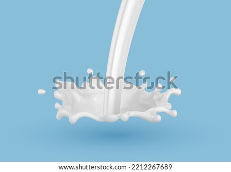 Milk splash with pouring milk on blue background. Vector realistic illustration
