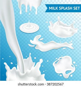 Milk splash and pouring realistic set on transparent background isolated vector illustration 