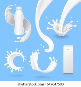 Milk Splash And Pouring Set Vector 3d Illustration