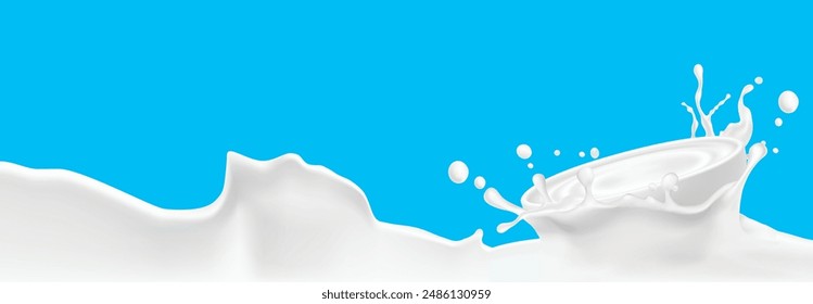 Milk splash and pouring, yogurt or cream, Pouring fresh milk splashing on light blue background, 3d illustration