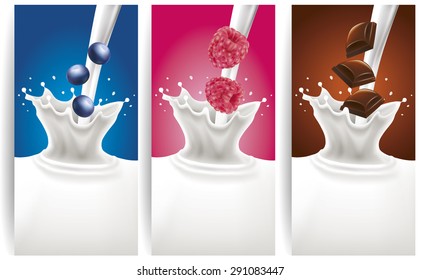 milk splash with raspberry, blueberry, chocolate