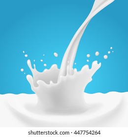 Milk splash. Realistic abstract vector seamless pattern. Organic farm dairy product, yogurt, cream advertisement template. Milky package design mockup. Pouring milk splash isolated on blue background
