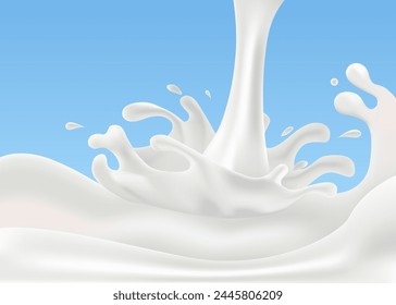 Milk Splash. Realistic Milk Drop, Wave with Splashes Isolated on Blue Background. Vector Illustration for Product Design or Advertising Needs.