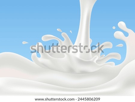 Milk Splash. Realistic Milk Drop, Wave with Splashes Isolated on Blue Background. Vector Illustration for Product Design or Advertising Needs.