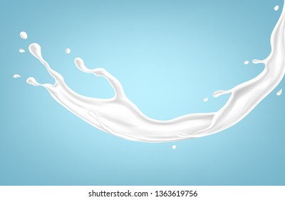 Milk Splash. Realistic Milky Splashes And Drops Of Dairy Drink Or Yoghurt Isolated On Blue Background