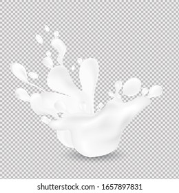Milk splash. Realistic milky splashes and drops of dairy drink or yoghurt isolated on transparent background.