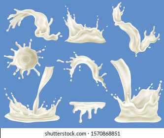 Milk splash realistic set on blue background isolated vector illustration