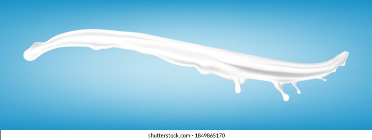 Milk splash realistic vector illustration. Natural dairy product, yogurt or cream splash isolated on blue background