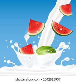 Milk splash realistic with watermelon isolated vector illustration.