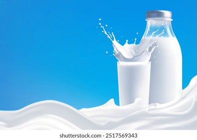 Milk Splash. Realistic Milk , Wave with Splashes Isolated on Blue Background. Vector Illustration for Product Design or Advertising Mesh gradient is used