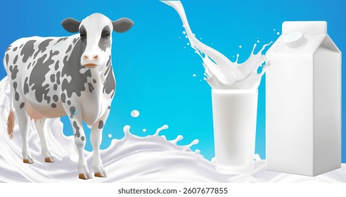 Milk Splash. Realistic Milk , Wave with Splashes Isolated on Blue Background. Vector Illustration for Product Design or Advertising Mesh gradient is used or dairy products
