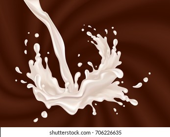 Milk splash. Realistic white drops with splash against a background of waves of chocolate. Vector illustration 
