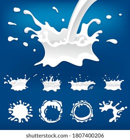 Milk splash. Realistic white milk flowing splash and drop, blot, spot, round trace isolated set on blue background. Dairy drink or yogurt product label, sticker or logo design element illustration