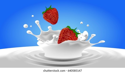 Milk splash and red strawberries
