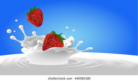 Milk splash and red strawberries