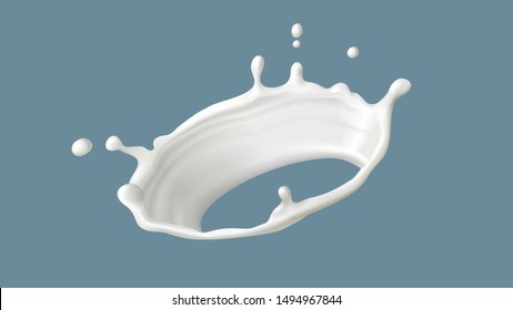 Milk splash or round swirl realistic vector illustration. Natural dairy product, yogurt or cream in crown splash with flying drops, for packaging design isolated on blue background